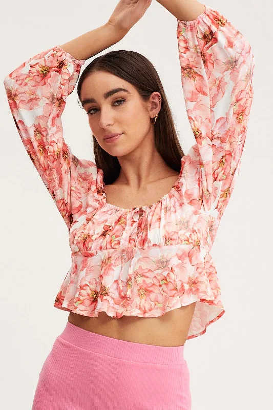 Print Tie Front Top Long Sleeve Crop Contemporary 