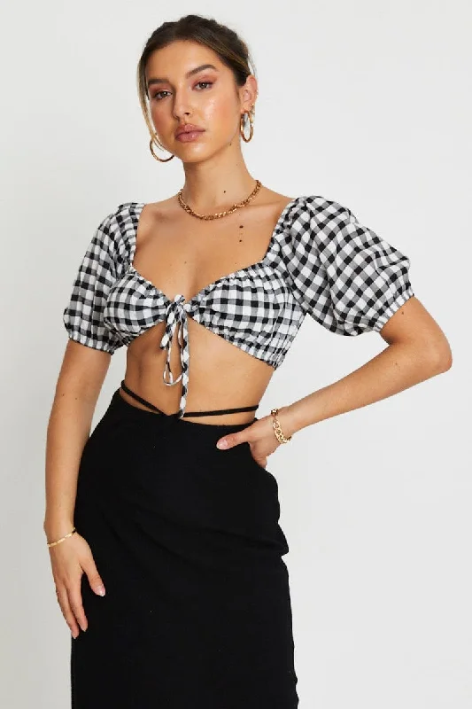 Check Crop Top Short Sleeve Tie Up Youthful Women's Pop