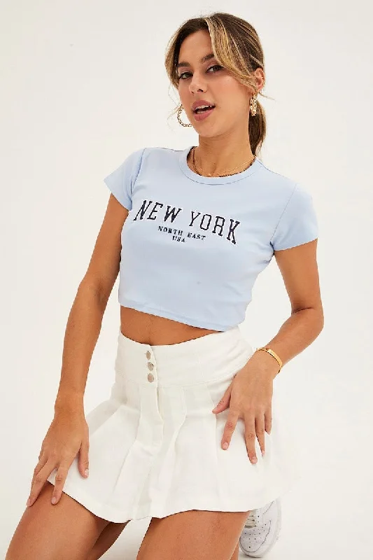 Blue Baby Tee Short Sleeve Crop Round Neck Refined Women's 