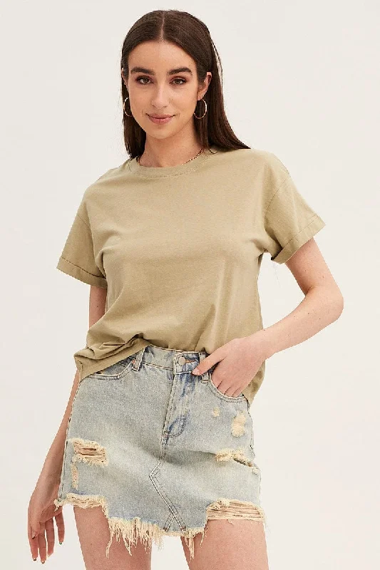 Green Roll Sleeve Crew Neck Tee Sleek Women's 