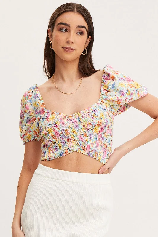Print Puff Sleeve Top Short Sleeve Crop Trendy Women's 