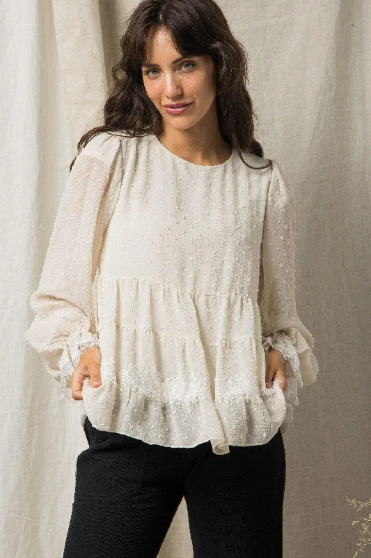 Swiss Dot Top With Contrasting Lace Detail - Natural Luxurious Women's High -  end
