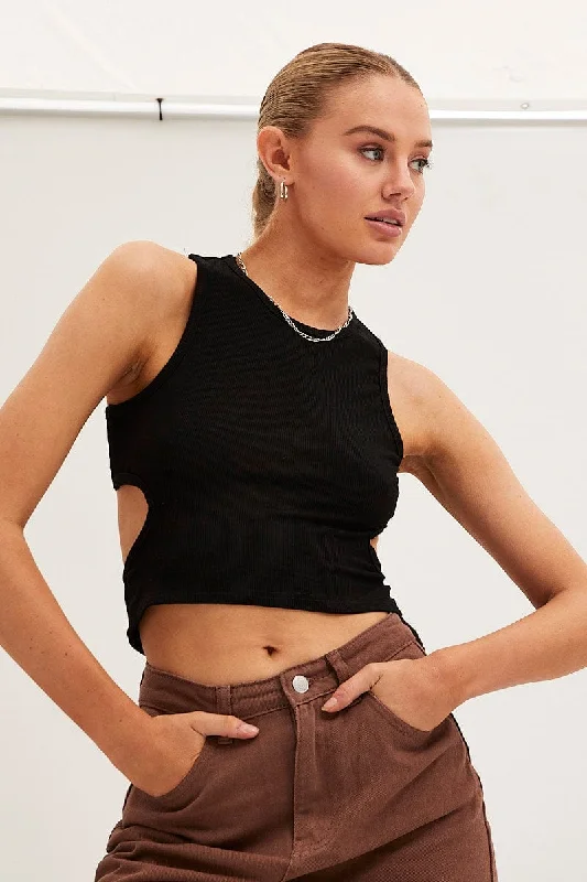 Black Ribbed Tank Top Crew Neck Practical Women's Multi - 
