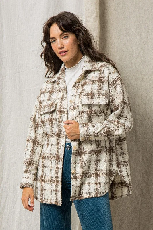 Textured Plaid Shacket - Cream Sporty Women's Athleisure 