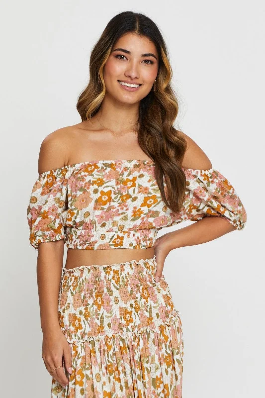 Print Crop Top Three-Quarter Tie Up Disco