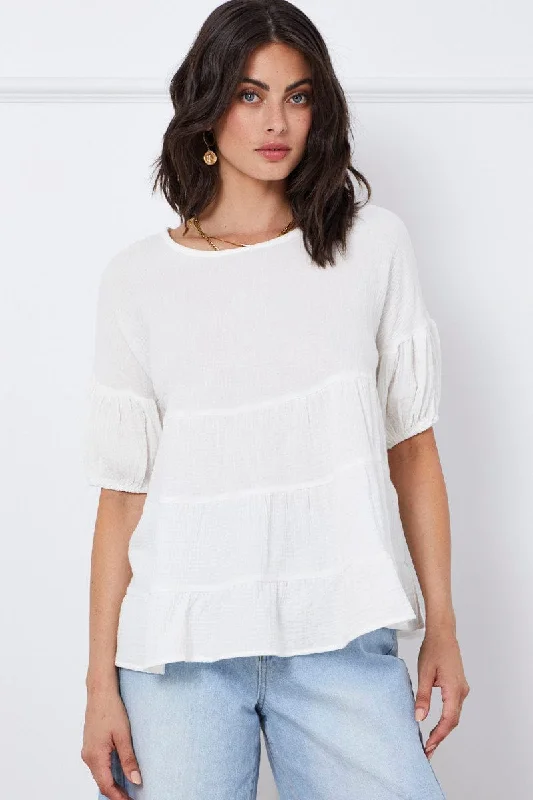 White Relaxed Top Short Sleeve Square Neck Scandinavian