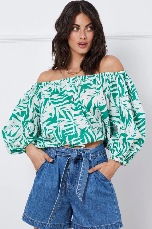Trop Print Crop Top Long Sleeve Off Shoulder Trendy Women's 