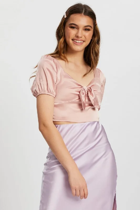 Pink Satin Puff Sleeve Crop Top Gym