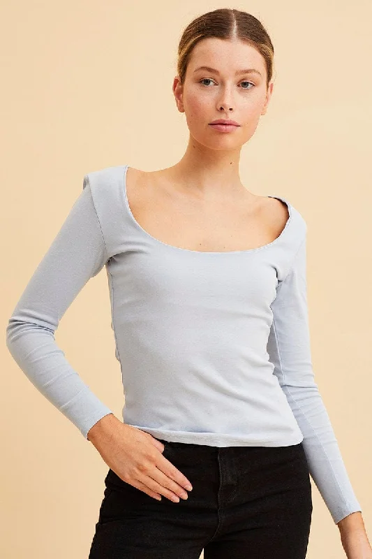 Blue Cotton Top Long Sleeve Scoop Neck Cashmere