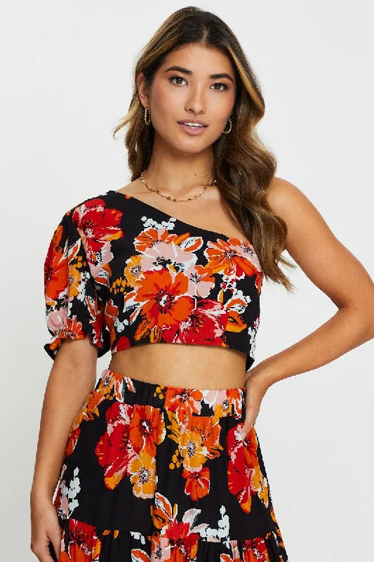 Print One Shoulder Top Refined Women's Hand - crafted