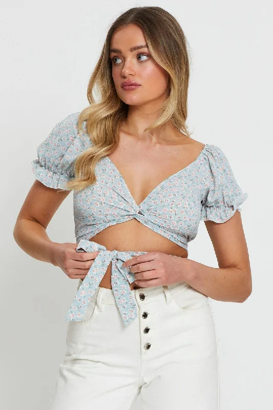 Print Crop Top Tie Up Compression