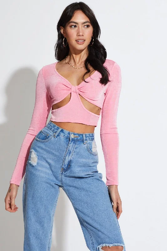Pink Cut Out Top Long Sleeve Crop Modern Women's 