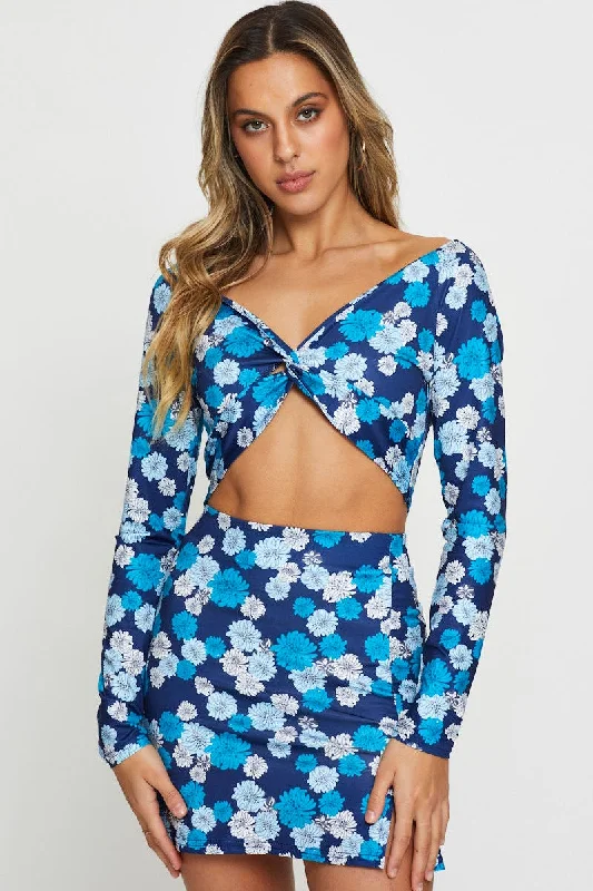 Print Crop Top Long Sleeve Relaxed Women's 