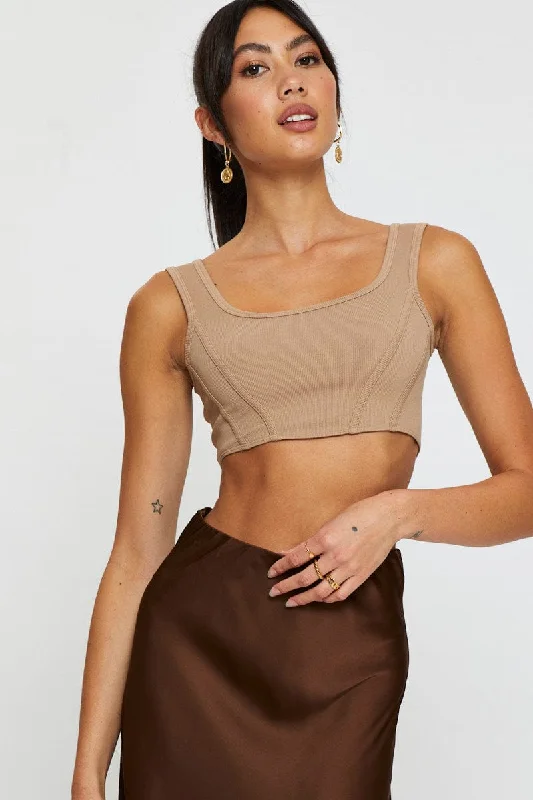 Brown Crop Tank Top Sleeveless Round Neck Seamless Refined Women's Hand - crafted