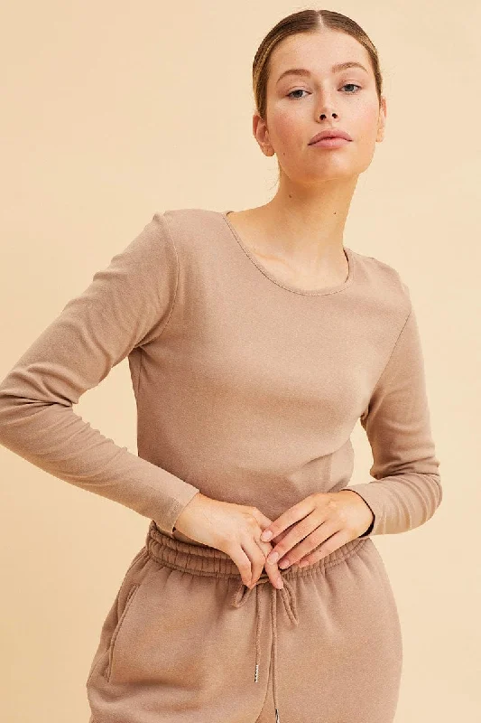 Beige Rib T-Shirt Crew Neck Long Sleeve Unique Women's Upcycled