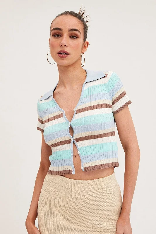 Blue Stripe Crop Cardigan Short Sleeve Knit Rugged Women's Outdoor 