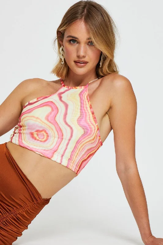 Abstract Print Crop Top Halter Neck Classic Women's Pin - striped