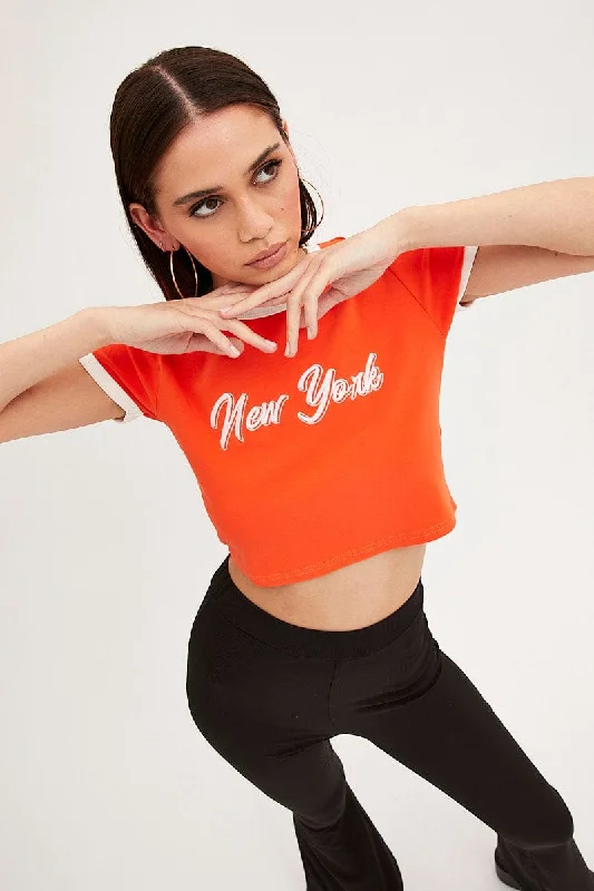 Orange Baby Tee Short Sleeve Crew Neck Crop New York Stylish Women's Tropical 