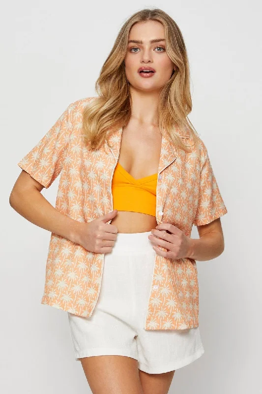 Retro Print Relaxed Shirts Short Sleeve Collared Hip Women's Retro