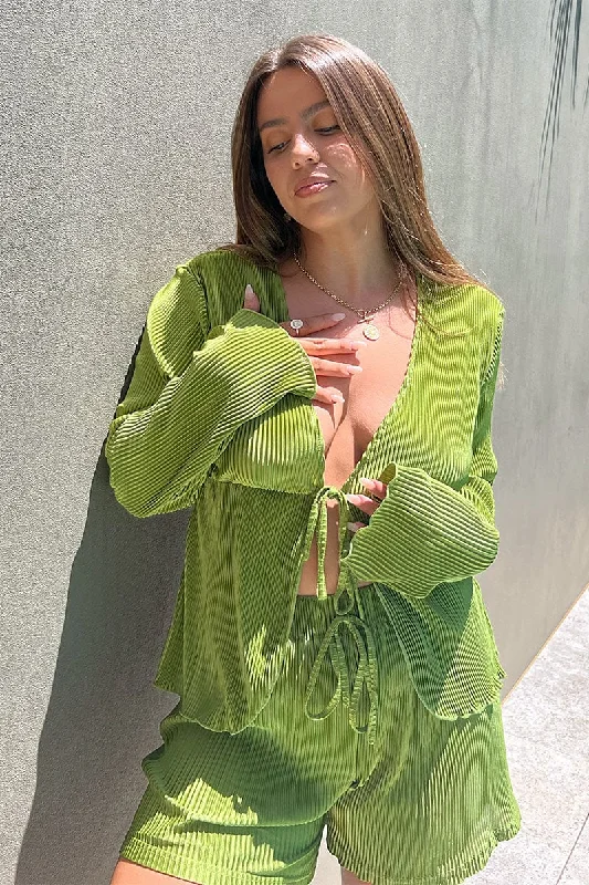 Green Tie Front Long Sleeve Top Contemporary 