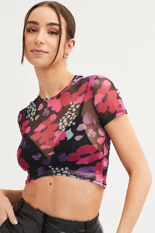 Pink Abstract Floral Print Mesh Short Sleeve Top Classic Women's Tweed