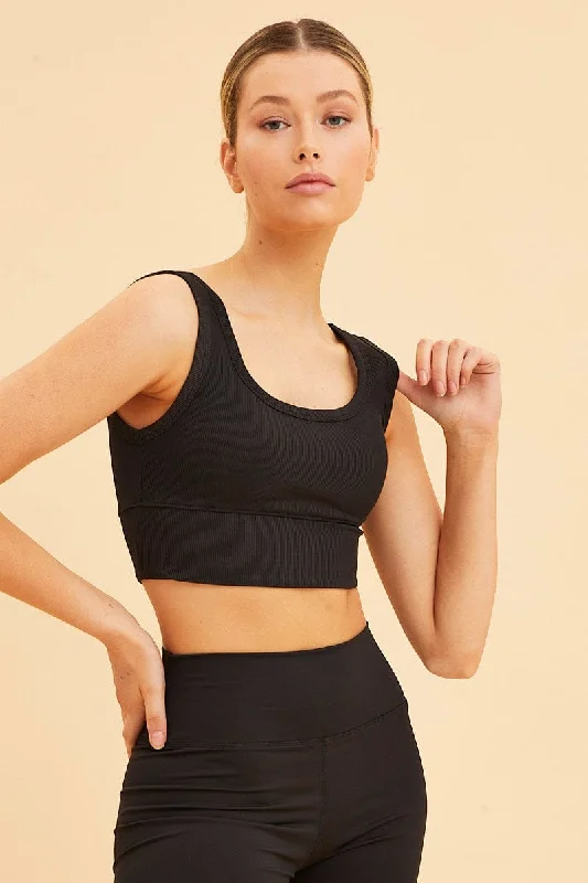 Black Crop Top Long Line Rib Elasticated Hem Laid - back Women's Vibe