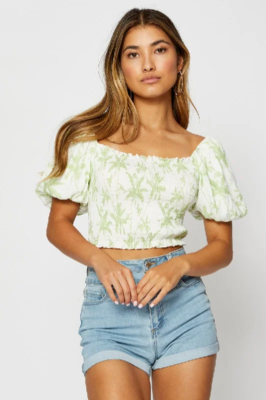 Print Crop Top Short Sleeve French