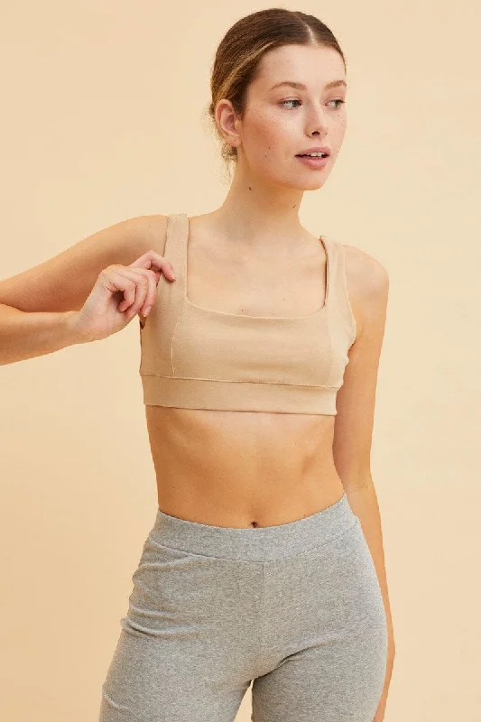 Beige Crop Top Square Neck Cotton Stretch Feminine Women's Style 