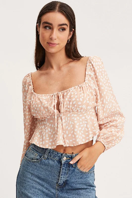 Print Tie Front Top Long Sleeve Crop Bold Women's Statement