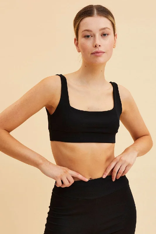 Black Crop Top Square Neck Cotton Stretch French
