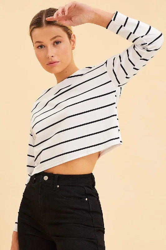 Stripe Boxy Top Wide Neck Long Sleeve Refined Women's Hand - crafted