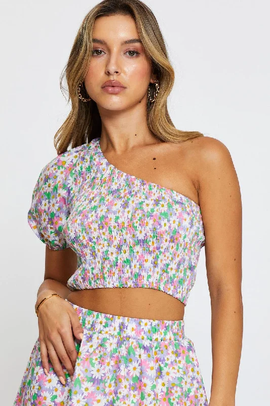 Print Crop Top One Shoulder Rugged Women's Outdoor 