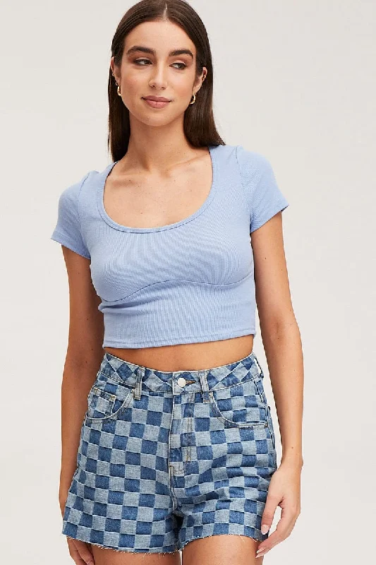 Blue Top Short Sleeve Round Neck Athletic Women's 