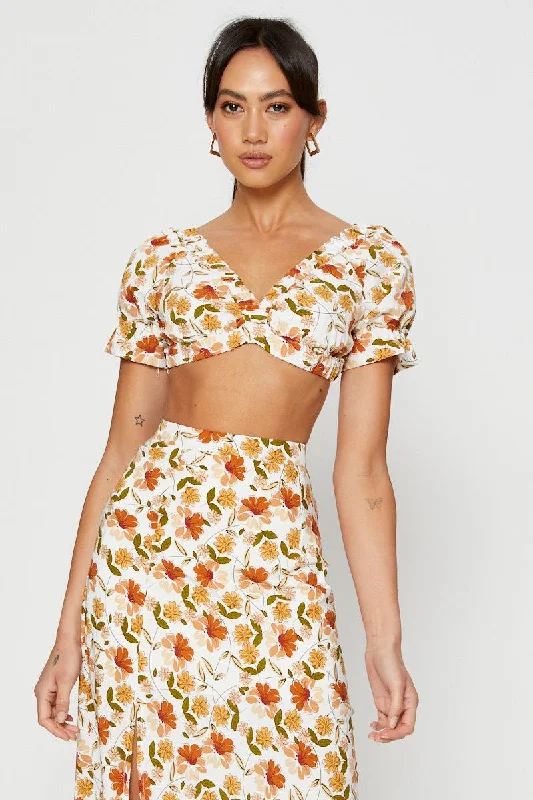 Print Crop Top Tie Up Geometric