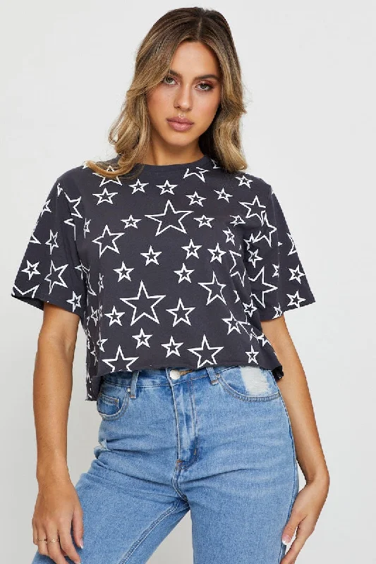 Print Short Sleeve Jersey All Over Star Print T Shirt Traditional Women's Wool