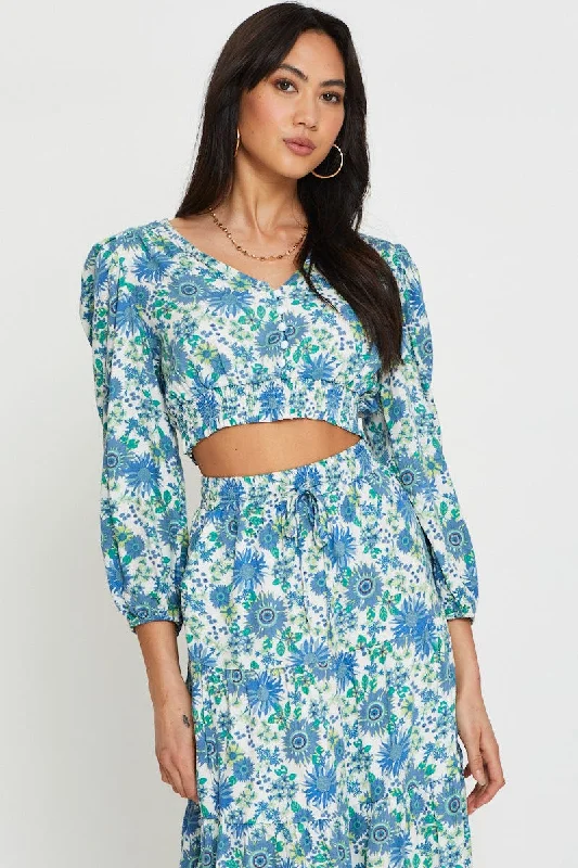 Print Crop Top Long Sleeve Crop Cozy Women's Sherpa - lined