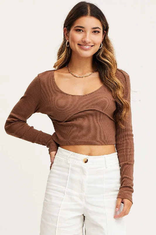 Brown Top Long Sleeve Round Neck Traditional Women's Wool