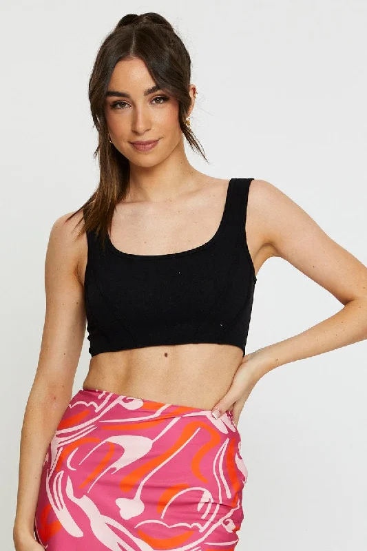 Black Crop Tank Top Sleeveless Round Neck Seamless Sporty Women's Tennis