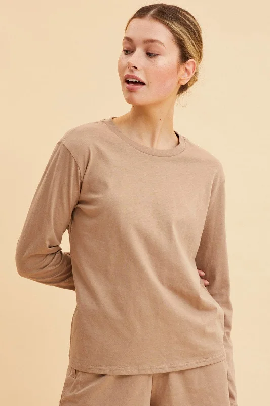 Beige Long Sleeve T-Shirt Crew Neck Cotton Regular Fit Classic Women's Tweed