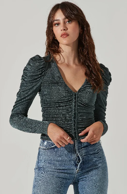 Ruched Front Long Sleeve Top Casual Women's Loose - fitting