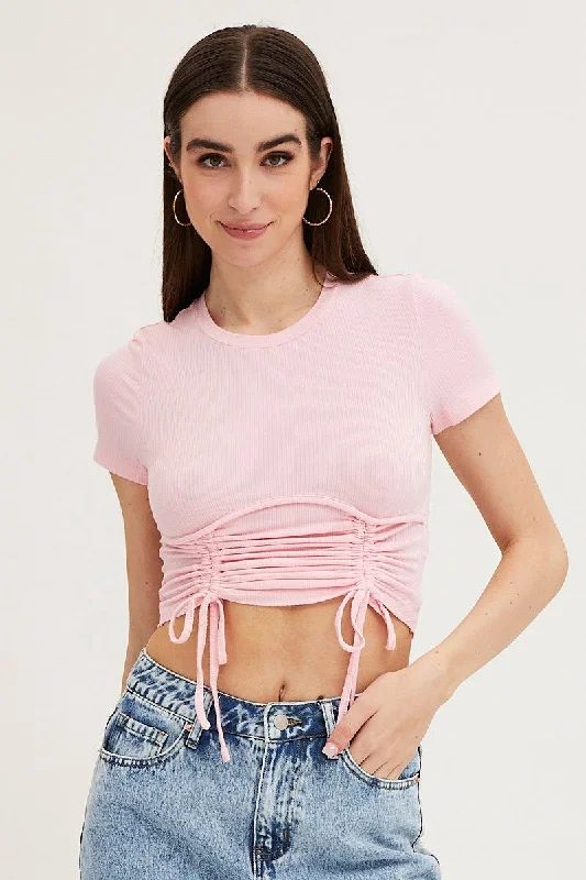 Pink Bust Detail Top Short Sleeve Ruche Sophisticated Women's 
