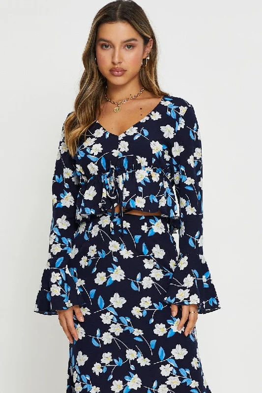 Print Peplum Top Long Sleeve Off Shoulder Sleek Women's Metallic