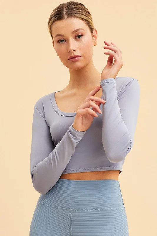 Blue Crop Top Smooth Long Sleeve Scoop Neck Relaxed Women's Beachy