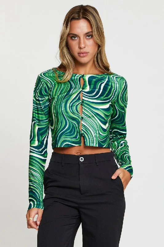 Print Crop Cardigan Long Sleeve Round Neck Cozy Women's Winter