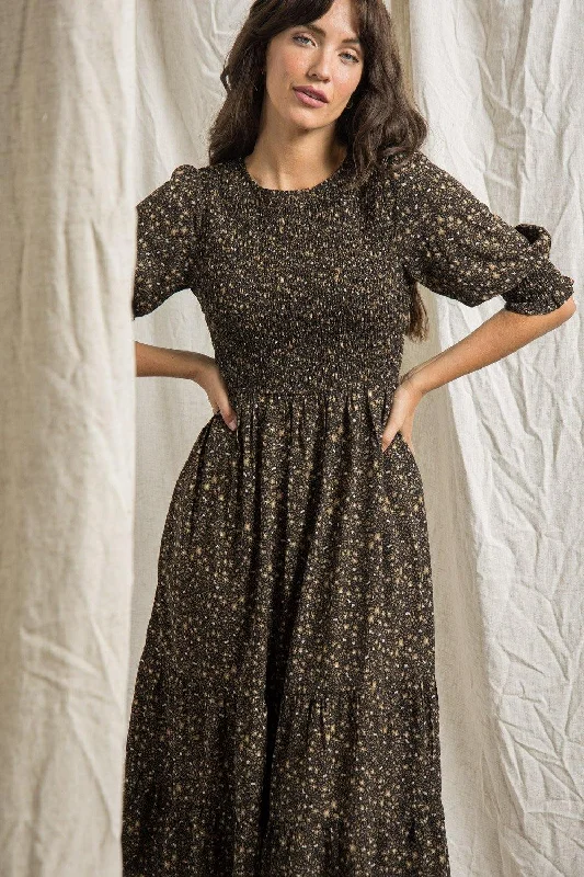 Smocked Bodice Tiered Maxi Dress - Black Street