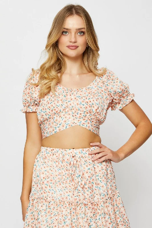 Print Crop Top Short Sleeve Off Shoulder Business