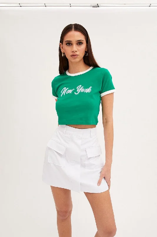 Green Baby Tee Short Sleeve Crew Neck Crop New York Relaxed Women's 