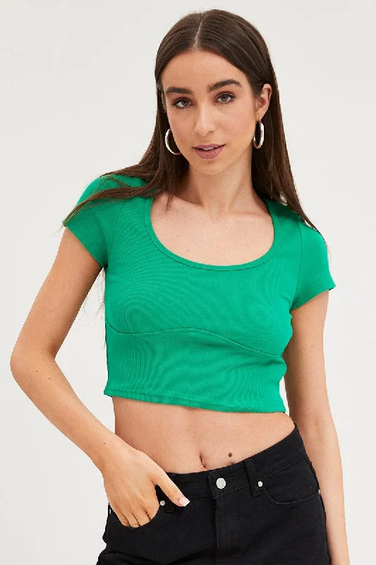 Green Top Short Sleeve Round Neck Dapper Women's Bow - adorned