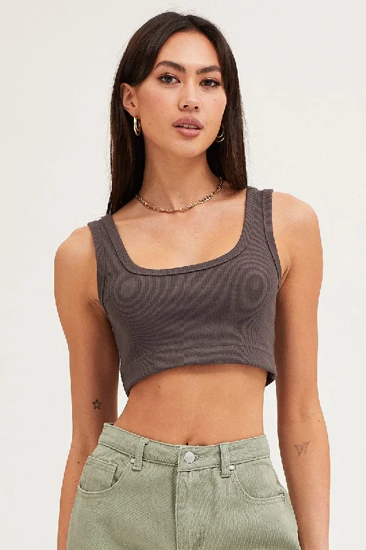 Grey Crop Top Cotton Blend Rib Tank Elasticated Hem Cozy Women's Winter