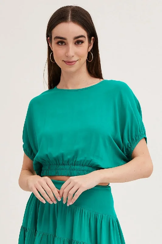 Green Crop Top Short Sleeve Elasticated Waist Dapper Women's Bow - adorned